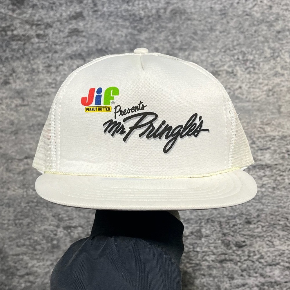 Vintage 90s Jif Peanut Butter Mr Pringle's Hat Snapback White OSFA‎ Adjustable